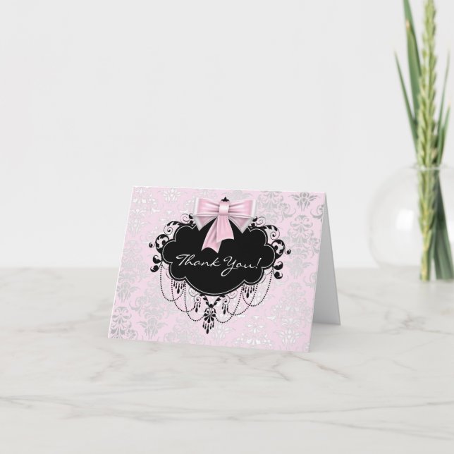 Cartão De Agradecimento Pretty Pink Damask Thank You (Frente)