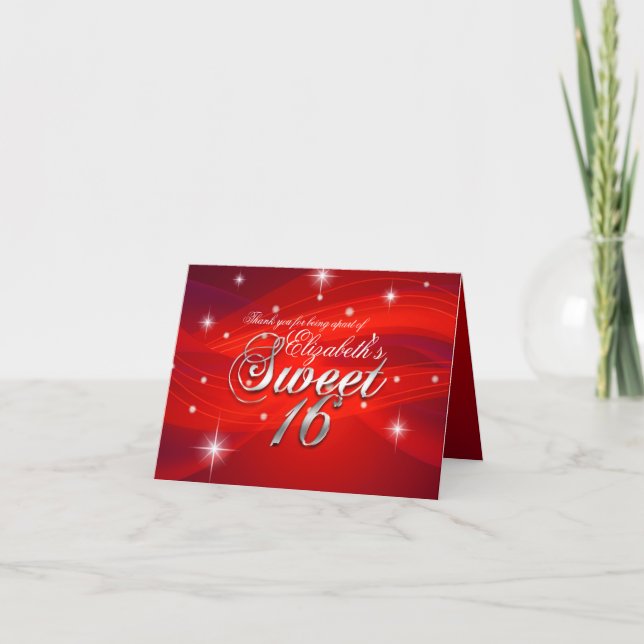 Cartão De Agradecimento Pretty Red Sparkle Sweet Sixteen Thank You Card (Frente)