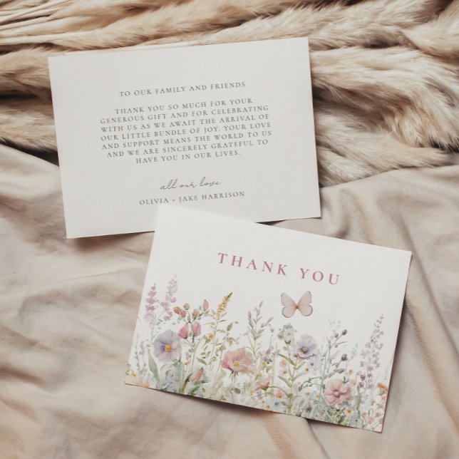 Cartão De Agradecimento Primavera Wildflower Field Butterfly Chá de fralda (Criador carregado)