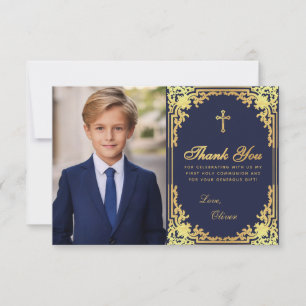 Cartão De Agradecimento Primeira Comunhão Azul Marinho Dourado Vintage Fot