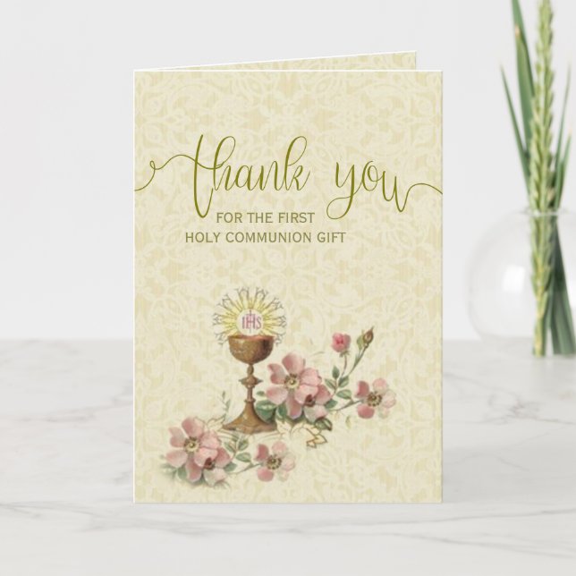Cartão De Agradecimento Primeira Comunhão Católica Floral Obrigado (Frente)