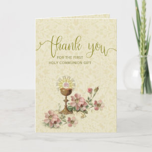 Cartão De Agradecimento Primeira Comunhão Católica Floral Obrigado