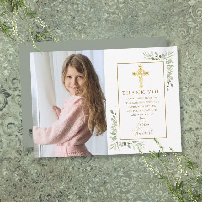 Cartão De Agradecimento Primeira Comunhão Cruz de Ouro Foto de Verdura (First Holy Communion Gold Cross Greenery Photo Thank You Card)