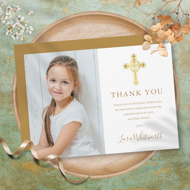 Cartão De Agradecimento Primeira Comunhão Cruz Dourada Assinatura Foto  (First Holy Communion Gold Cross Signature Photo Thank You Card)
