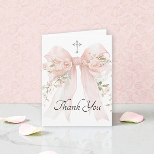 Cartão De Agradecimento Primeira Comunhão da Menina Arco Floral Rosa