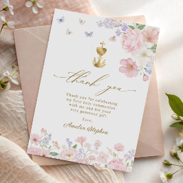 Cartão De Agradecimento Primeira Comunhão da Menina Floral Pastel