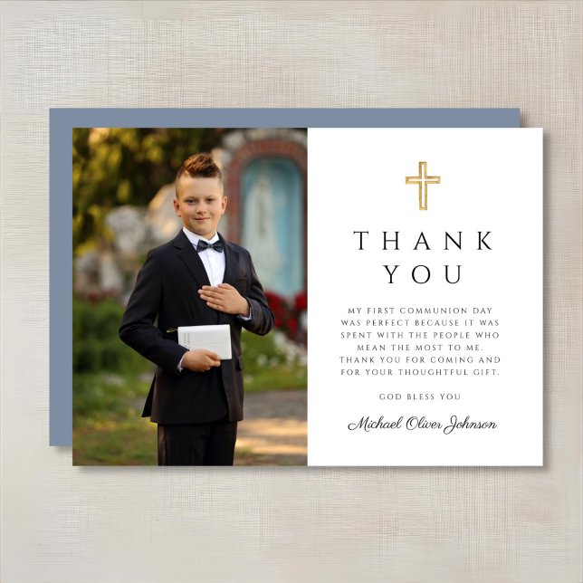 Cartão De Agradecimento Primeira Comunhão de Dusty Blue Religerian Cross B (Dusty Blue Religious Cross Boy First Communion Thank You Card)