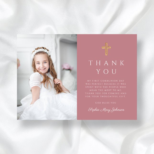 Cartão De Agradecimento Primeira Comunhão de Fotos de Rapariga Rosa Elegan (Elegant Cross Pink Girl Photo First Communion Thank You Card)