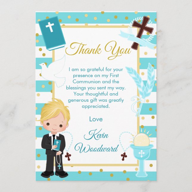 Cartão De Agradecimento Primeira Comunhão de Menino Loiras com Faixa Azul (Frente)