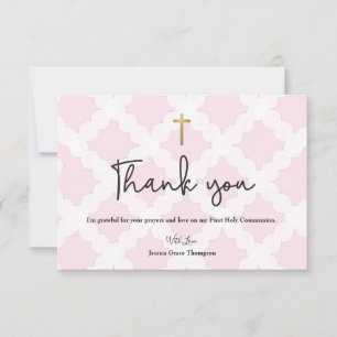 Cartão De Agradecimento Primeira Comunhão Dourada Elegante Rosa