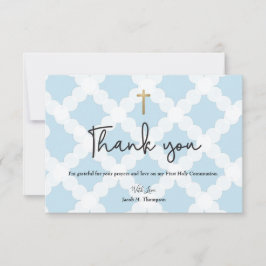 Cartão De Agradecimento Primeira Comunhão Elegante Blue Dourado Cross Boy