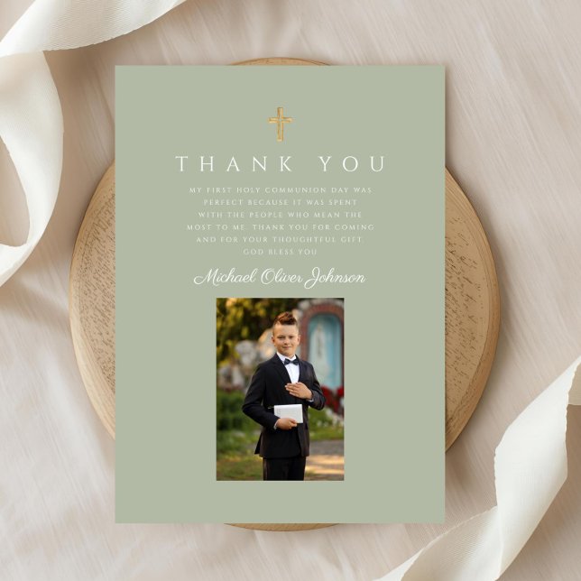 Cartão De Agradecimento Primeira Comunhão Elegante Cross Boy (Elegant Cross Boy First Communion Thank You Card)