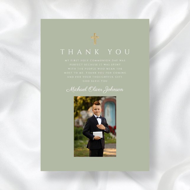 Cartão De Agradecimento Primeira Comunhão Elegante Cross Boy (Elegant Cross Boy First Communion Thank You Card)