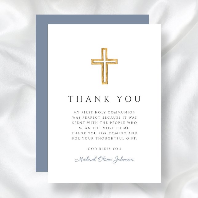 Cartão De Agradecimento Primeira Comunhão Elegante de Menino Religioso Azu (Elegant Dusty Blue Religious Cross First Communion Thank You Card)