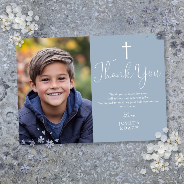 Cartão De Agradecimento Primeira Comunhão Elegante em Azul Desbotado (Dusty Blue Elegant Photo First Holy Communion Thank You Card)