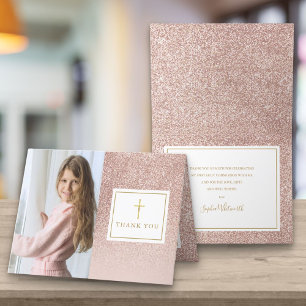 Cartão De Agradecimento Primeira Comunhão em Rosa Dourado com Brilho Foto