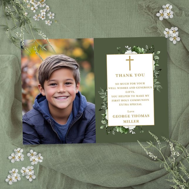 Cartão De Agradecimento Primeira Comunhão Floral Verde Oliva Foto (Olive Green Floral Photo First Holy Communion Thank You Card)