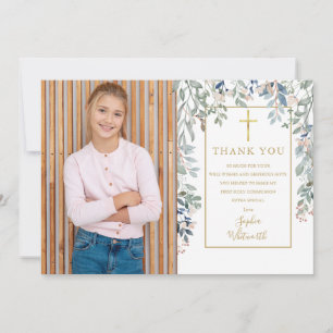 Cartão De Agradecimento Primeira Comunhão Folhagem Floral Foto Dourada