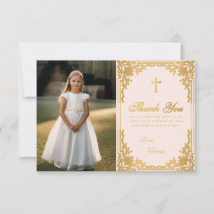 Cartão De Agradecimento Primeira Comunhão  Menina Vintage Foto Dourado Ros