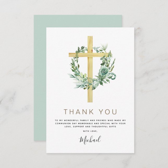 Cartão De Agradecimento Primeira Comunhão Obrigado Greenery Sage Invi (Frente/Verso)
