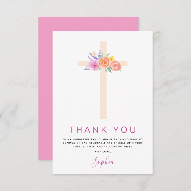 Cartão De Agradecimento Primeira Comunhão Obrigado Rosa Rosa Rosa Floral (Frente/Verso)