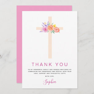 Cartão De Agradecimento Primeira Comunhão Obrigado Rosa Rosa Rosa Floral