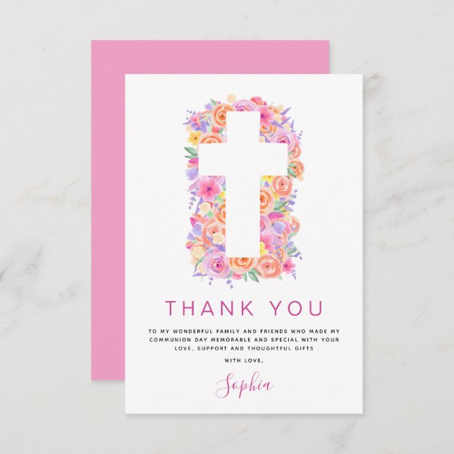 Cartão De Agradecimento Primeira Comunhão Obrigado Rosa Rosa Rosa Floral (Frente/Verso)
