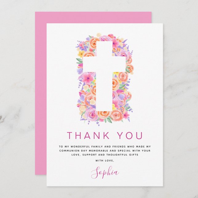 Cartão De Agradecimento Primeira Comunhão Obrigado Rosa Rosa Rosa Floral (Frente/Verso)