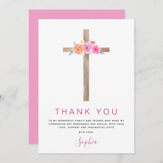 Cartão De Agradecimento Primeira Comunhão Obrigado Rosa Rosa Rosa Floral (Frente/Verso)