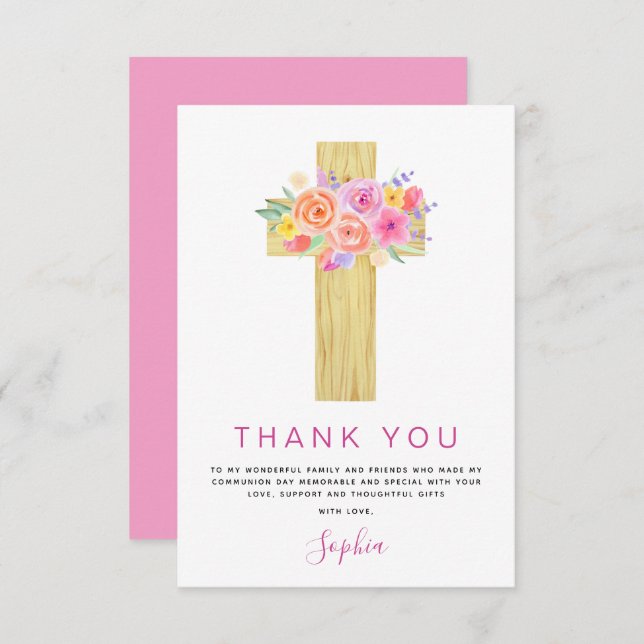 Cartão De Agradecimento Primeira Comunhão Obrigado Rosa Rosa Rosa Floral (Frente/Verso)