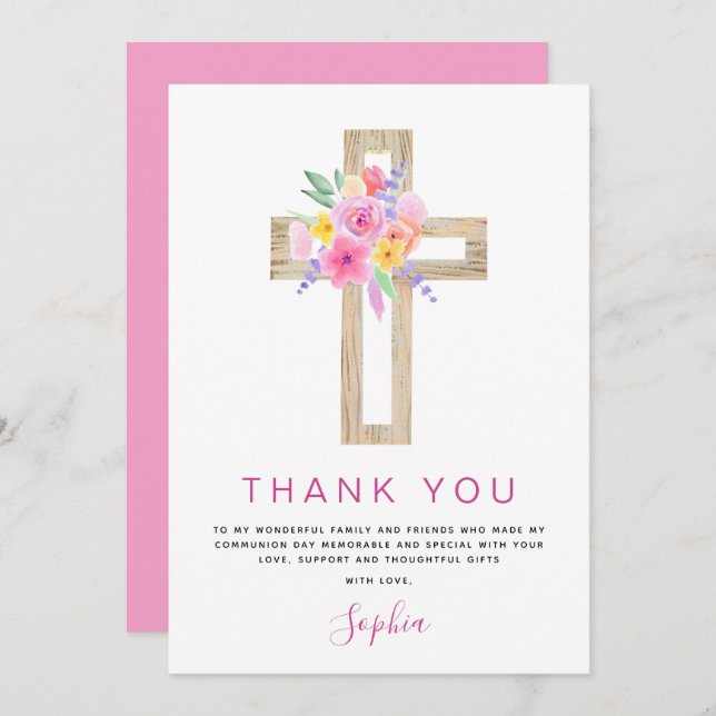 Cartão De Agradecimento Primeira Comunhão Obrigado Rosa Rosa Rosa Floral (Frente/Verso)