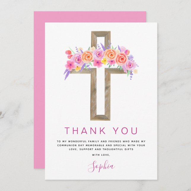 Cartão De Agradecimento Primeira Comunhão Obrigado Rosa Rosa Rosa Floral (Frente/Verso)