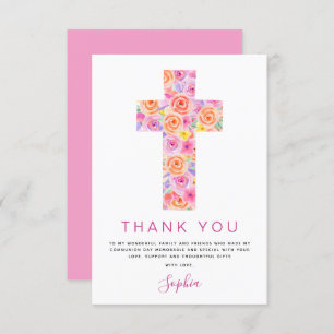 Cartão De Agradecimento Primeira Comunhão Obrigado Rosa Rosa Rosa Floral E