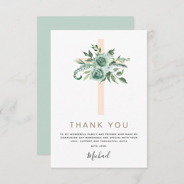 Cartão De Agradecimento Primeira Comunhão Obrigado Sage Eucalyptus Inv (Frente/Verso)