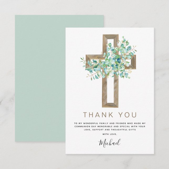 Cartão De Agradecimento Primeira Comunhão Obrigado Sage Eucalyptus Inv (Frente/Verso)