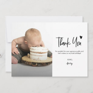 Cartão De Agradecimento Primeira Foto de Aniversário de Bebê Moderno Scrip