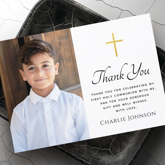 Cartão De Agradecimento Primeira fotografia de cruz de gradiente de ouro d (First holy communion golden gradient cross photo thank you card)