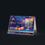 Cartão De Agradecimento Primeira Vela do Festival das Luzes de Hanukkah<br><div class="desc">Primeira Vela de Hanukkah. Feliz Festival de Chanucá de Luzes Belo convite de festas Cartão de Férias Judaico. Lindo fundo de Chanukkah, Feriado Judaico, com símbolos decorativos tradicionais de Chanuka - sonhos de madeira (topo de fiação), rosquinhas, hanukkiah menorah, velas, estrela de David e padrão de ouro de papel de...</div>