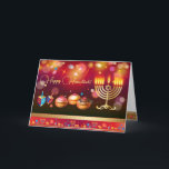 Cartão De Agradecimento Primeira Vela do Festival das Luzes de Hanukkah<br><div class="desc">Primeira Vela de Hanukkah. Feliz Festival de Chanucá de Luzes Belo convite de festas Cartão de Férias Judaico. Lindo fundo de Chanukkah, Feriado Judaico, com símbolos decorativos tradicionais de Chanuka - sonhos de madeira (topo de fiação), rosquinhas, hanukkiah menorah, velas, estrela de David e padrão de ouro de papel de...</div>