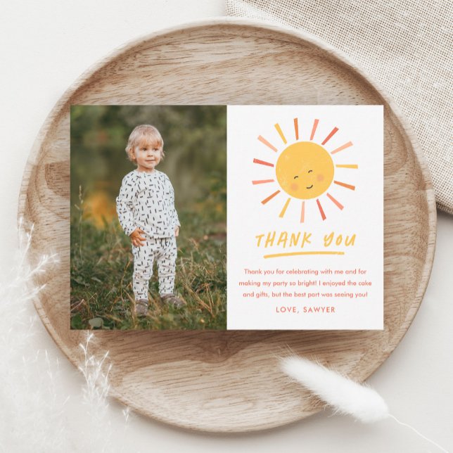 Cartão De Agradecimento Primeira Viagem ao Redor do Sol Foto de Aniversári (Hand-drawn modern sun illustration photo kids birthday party thank you note card.)
