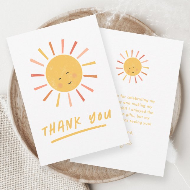 Cartão De Agradecimento Primeira Volta ao Sol Aniversário Infantil  (Hand-drawn modern sun illustration kids birthday party thank you note card.)