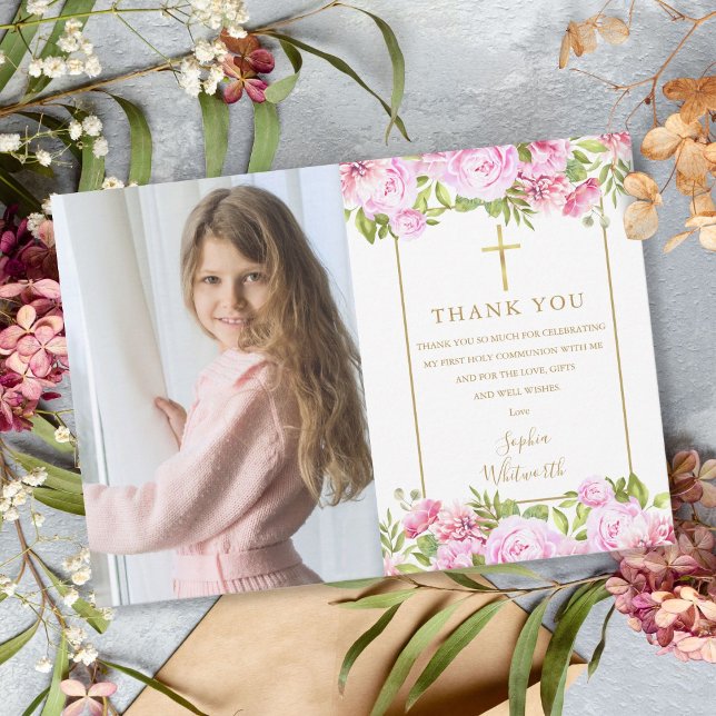 Cartão De Agradecimento Primeiras Rosas Florais da Primeira Comunhão Foto (Criador carregado)