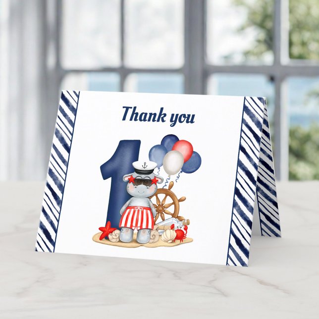 Cartão De Agradecimento Primeiro aniversario Azul-Marinho Náutico de Hippo (Cute Hippo Nautical Navy Blue 1st Birthday Boy Thank You Card)