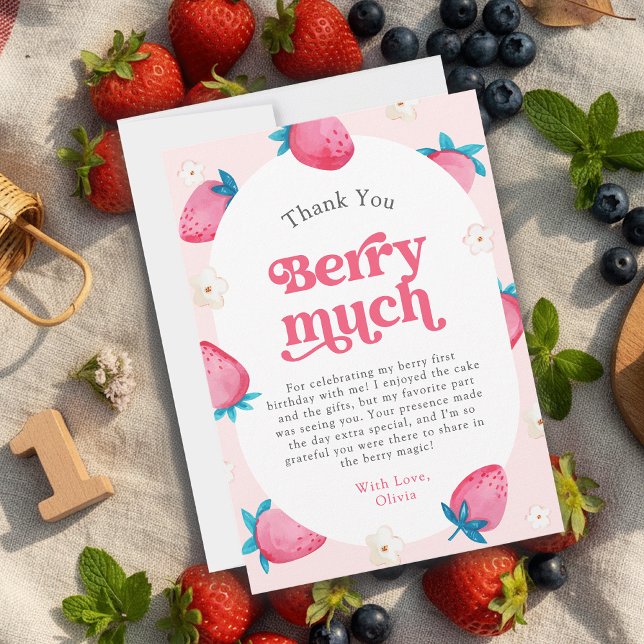 Cartão De Agradecimento Primeiro aniversario Berry Strawberry Primeira Fes (Criador carregado)