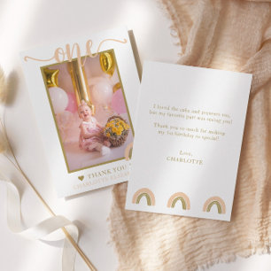 Cartão De Agradecimento Primeiro Aniversário Boho Arco-íris Rosa Dourado F