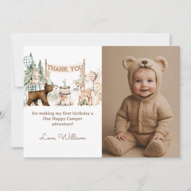 Cartão De Agradecimento Primeiro Aniversário da Foto Feliz do Camper (Frente)