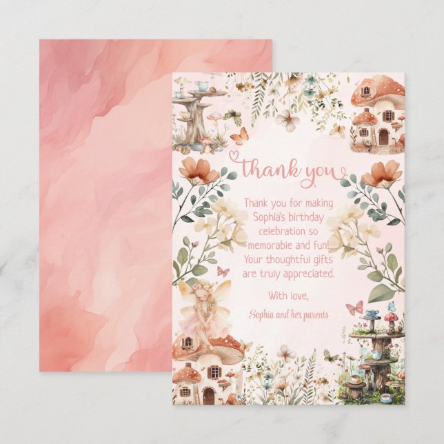 Cartão De Agradecimento Primeiro Aniversário da Garden Mushroom Girl Encan (Frente/Verso)