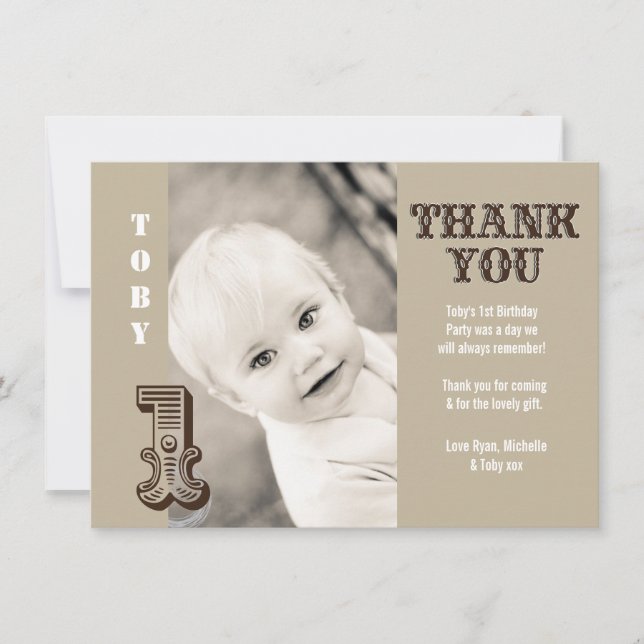 Cartão De Agradecimento primeiro aniversario De Bebê Garoto De Vaqueiro Ob (Frente)