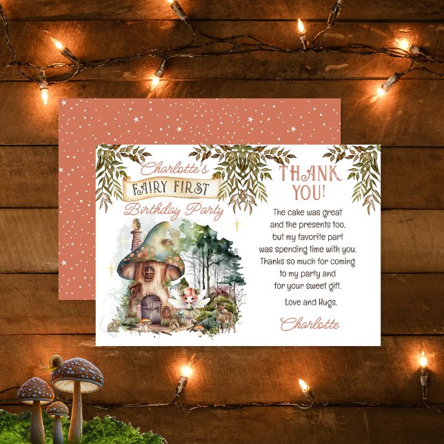 Cartão De Agradecimento Primeiro aniversario De Cogumelo De Primeira Madei (Fairy First Woodland Animals Mushrooms Girl's 1st Birthday Thank You Card)