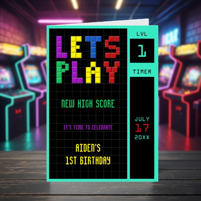 Cartão De Agradecimento Primeiro aniversario de Crianças de Jogo com Arcad (Retro Arcade Game Kids 1st Birthday Thank You Card
)